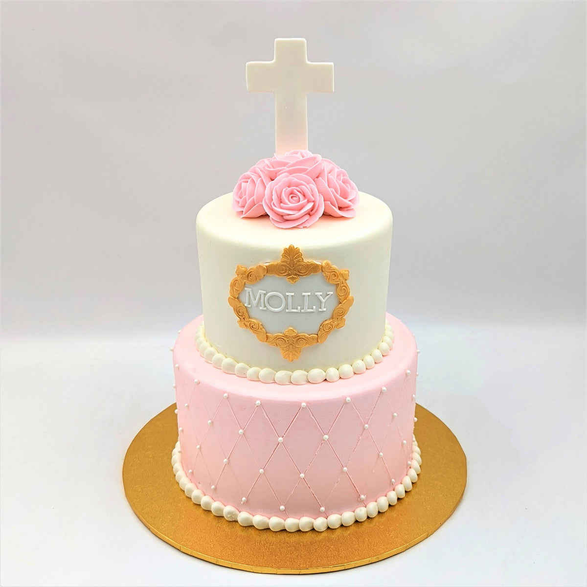 Tiered cross cake with quilting – Deerfields Bakery